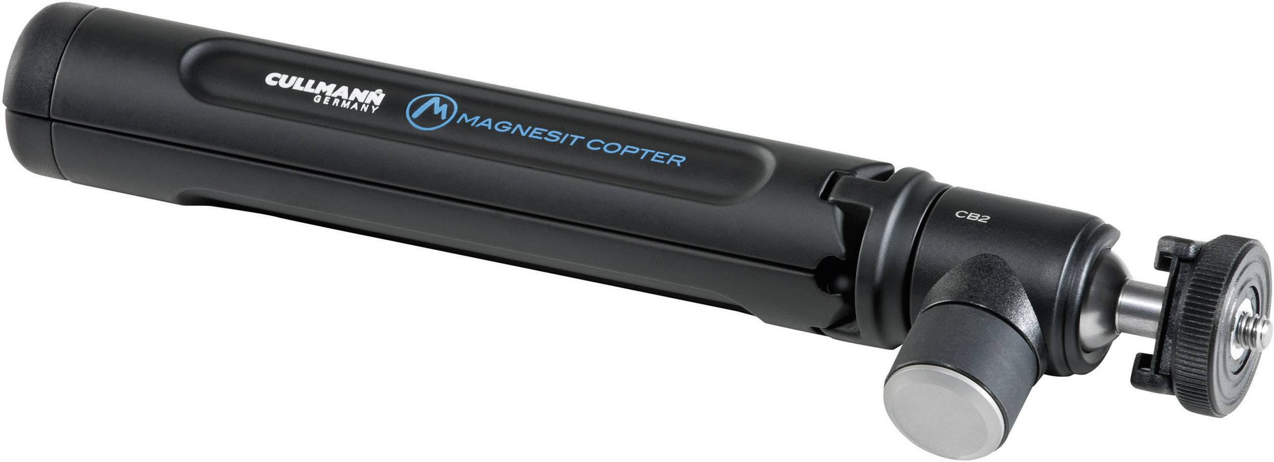 Schwarzes Tischstativ mit Kunststoffbeinen und einstellbarem Kugelkopf, geeignet für Kameras; Markenlogo 'Cullmann Magnesit Copter'.