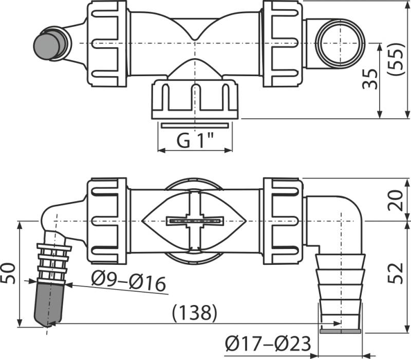 Alcadrain P156Z-G1 Doppelanschluss komplett G1" 8–23 mm Schlauchanschluss mit Klappen-1