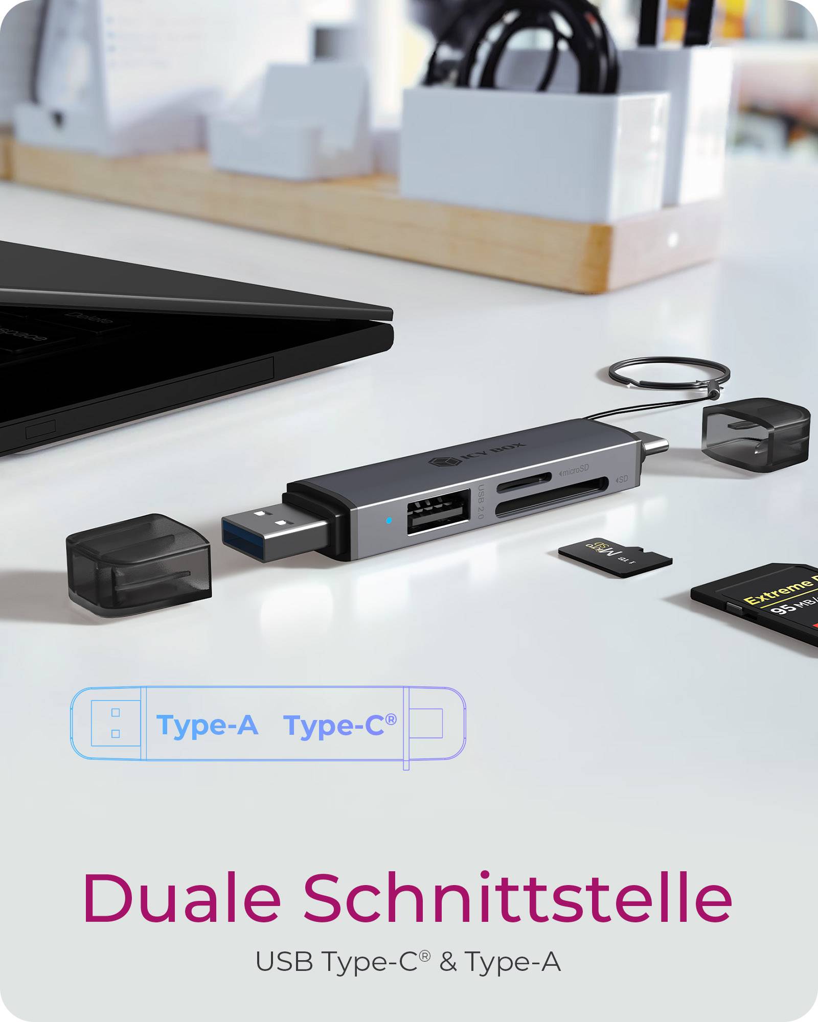 IB-CR203-CU3, Kartenleser 3 in 1, für SD 3.0/MicroSD 3.0 mit USB 2.0 down streamPort, Host USB 3.2 Gen 1 Type-C & -A-3