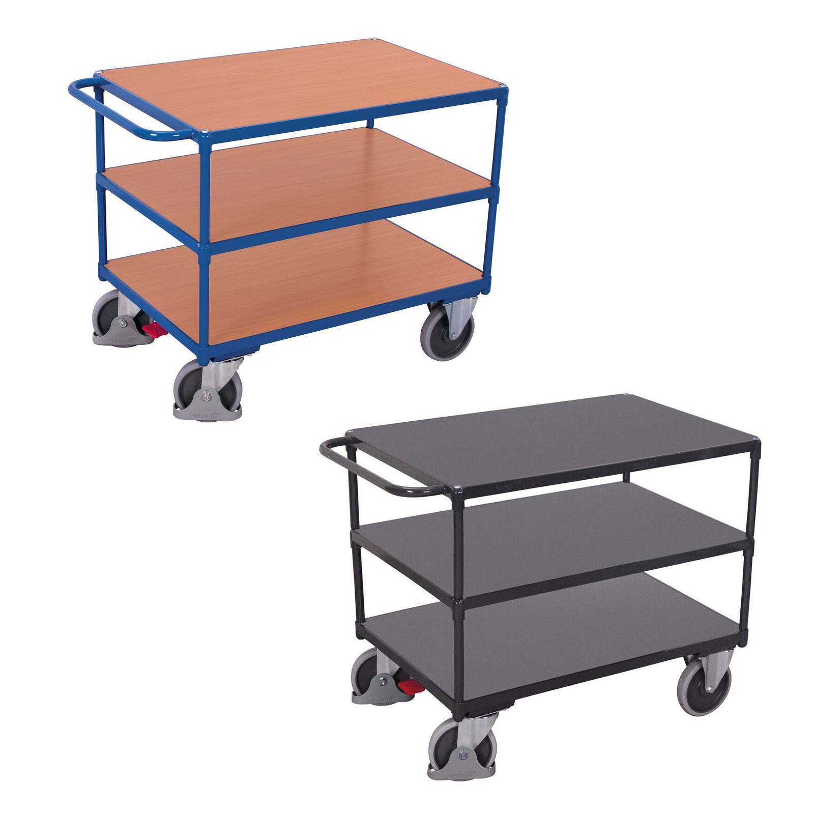 VARIOfit Schwerer Tischwagen mit Schiebegriff und 3 Ladeflächen 1200x800mm Enzianblau RAL 5016-2
