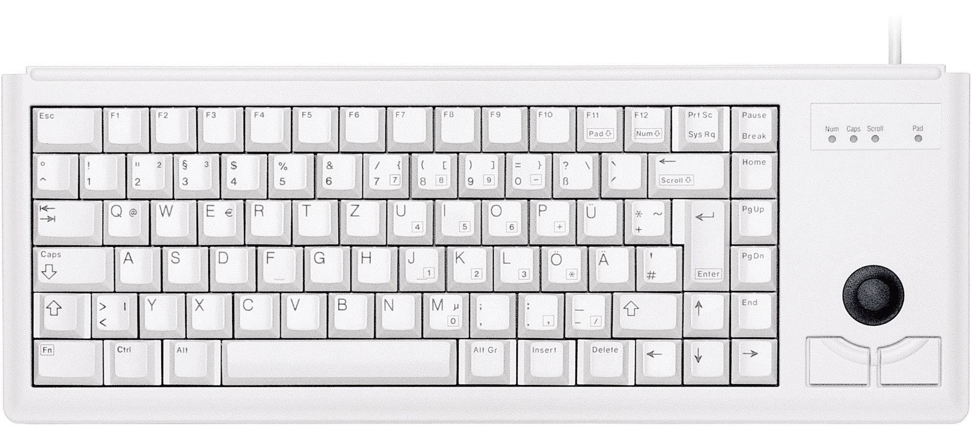 Weiße Computertastatur mit integriertem Trackball und Maustasten rechts unten. Deutsche QWERTZ-Belegung.