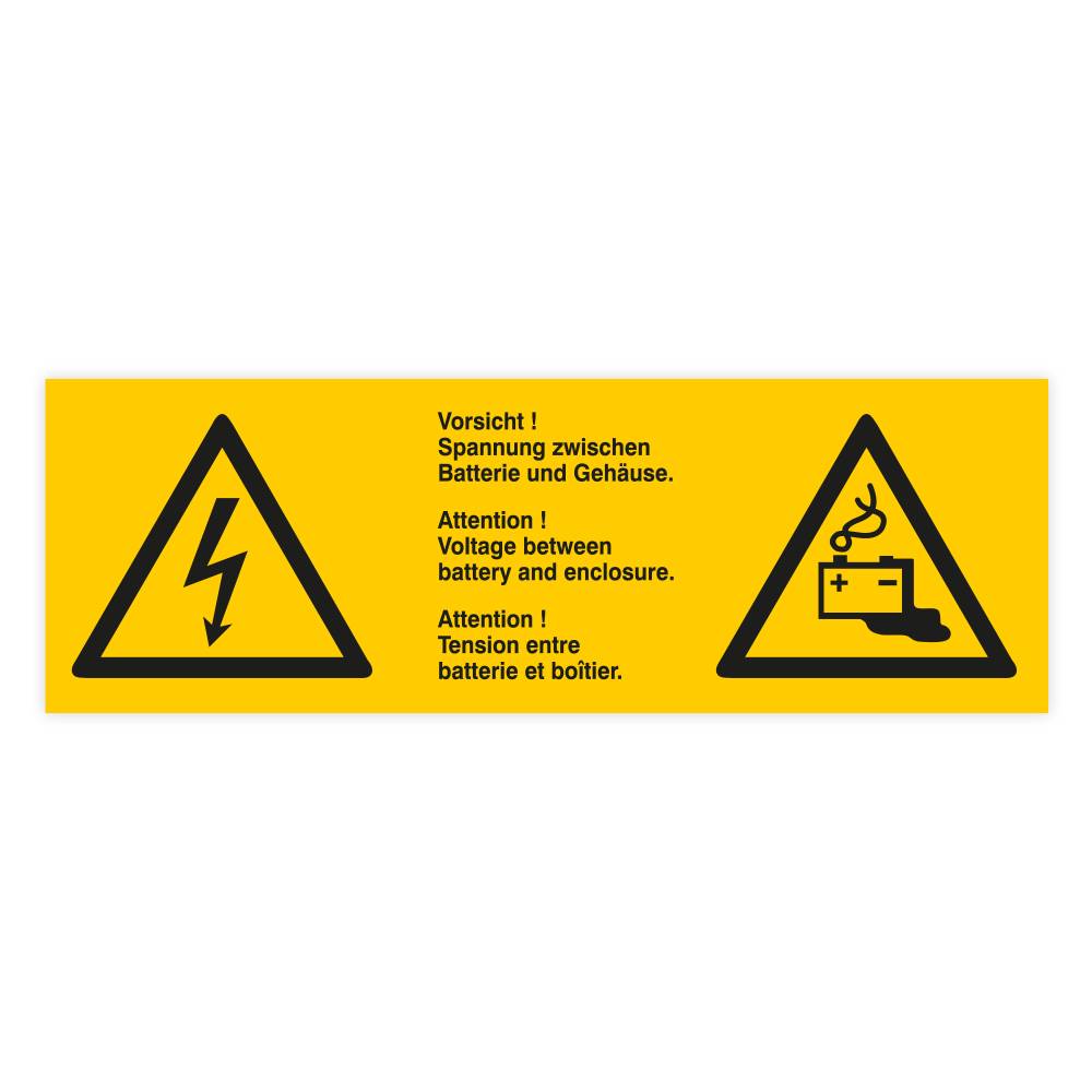 Warnaufkleber, Vorsicht! Spannung zwischen Gehäuse und Batterie, Folie, 180 x 60 mm-0