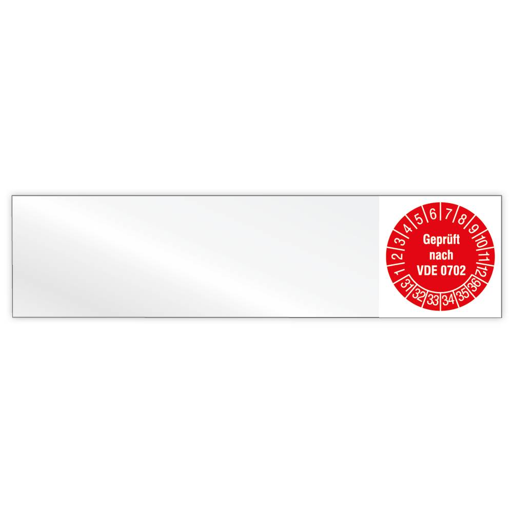 Kabelprüfplakette, Geprüft nach VDE 0702, Jahr 2031 - 2036, Vinylfolie, 100 x 25 mm, 80/Heft-0