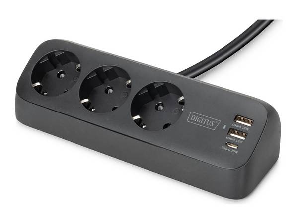 3-fach Office-Steckdosenleiste mit 2x USB-A und 1x USB-C Anschlüssen, Schwarz