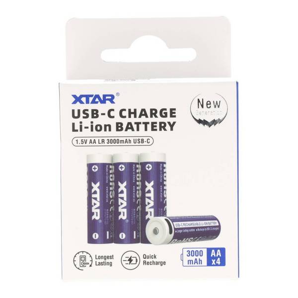 XTAR, 4x AA 1,5V Li-Ionen Akku 3000mAh – USB-C – mit gleichmäßig sinkender Spannung, mit integrierter Ladeelektronik,...