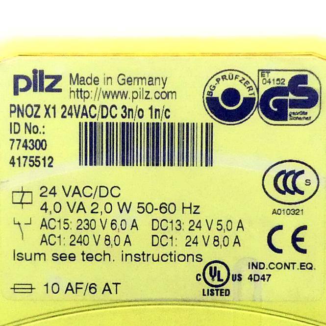 Pilz Sicherheitsrelais 24VAC/DC 3n/o 1n/c PNOZ X1 (774300)-1