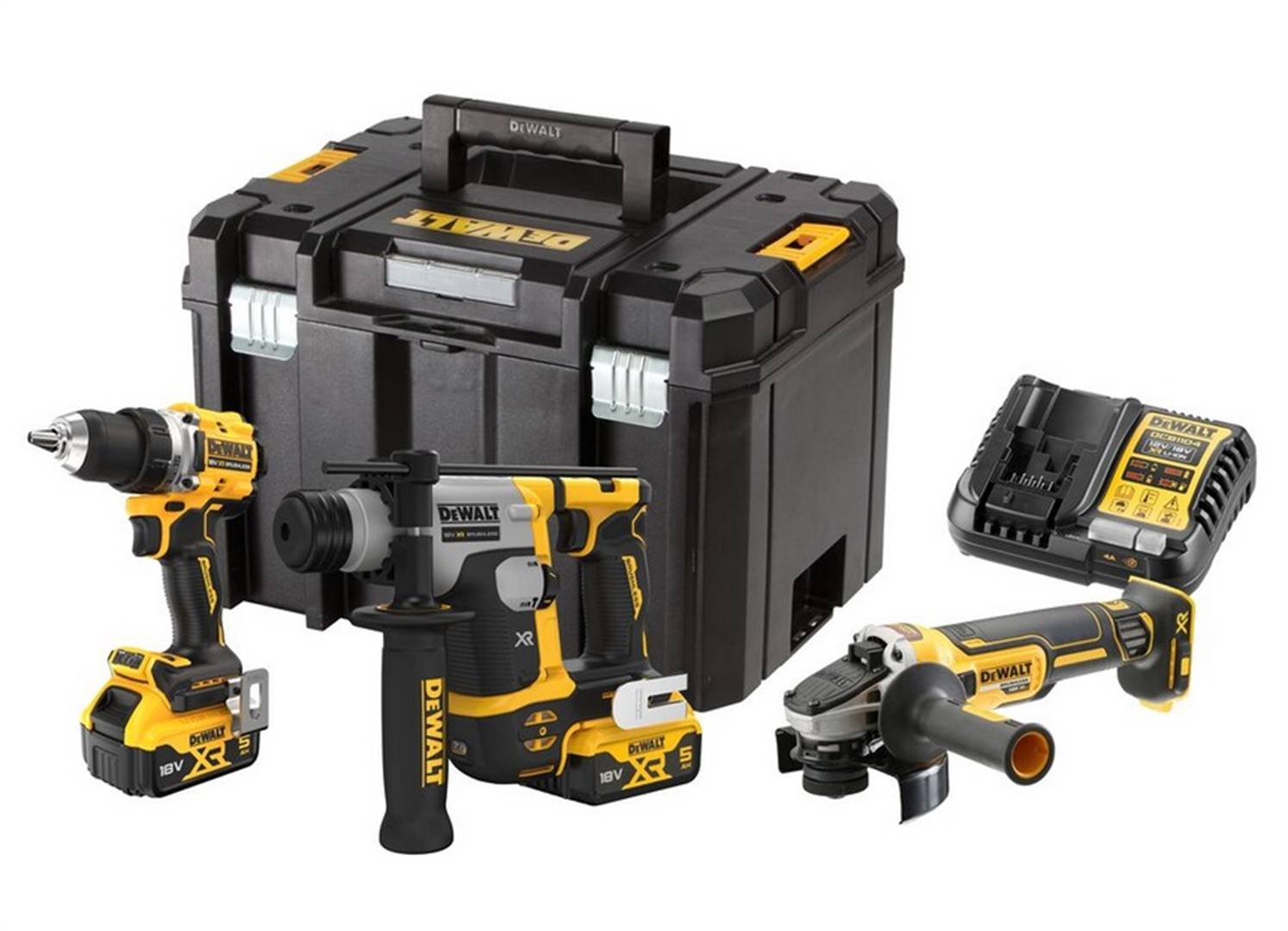DeWALT DCK355P2T-QW Akku-Kombopack 18V, Bohrschrauber, Bohrhammer, Winkelschleifer, inkl. 2x 5Ah Li-Ionen Akku, Ladegerä-1