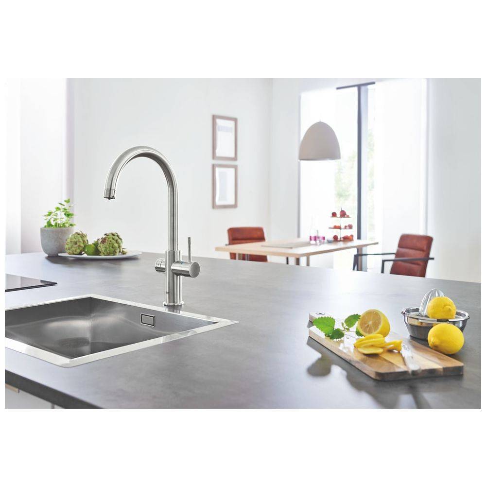 Grohe Blue Home Starterset, C-Auslauf, 1-Loch-Montage, Supersteel, 31455DC1-3