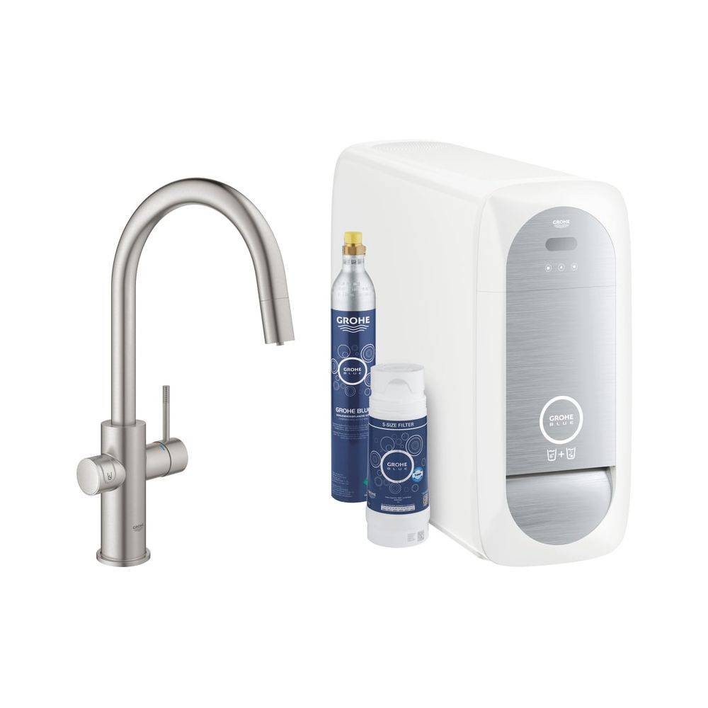 Grohe Blue Home Starterset, C-Auslauf, herausziehbarer Mousseurauslauf, 1-Loch-Montage, Supersteel, 31541DC0-0