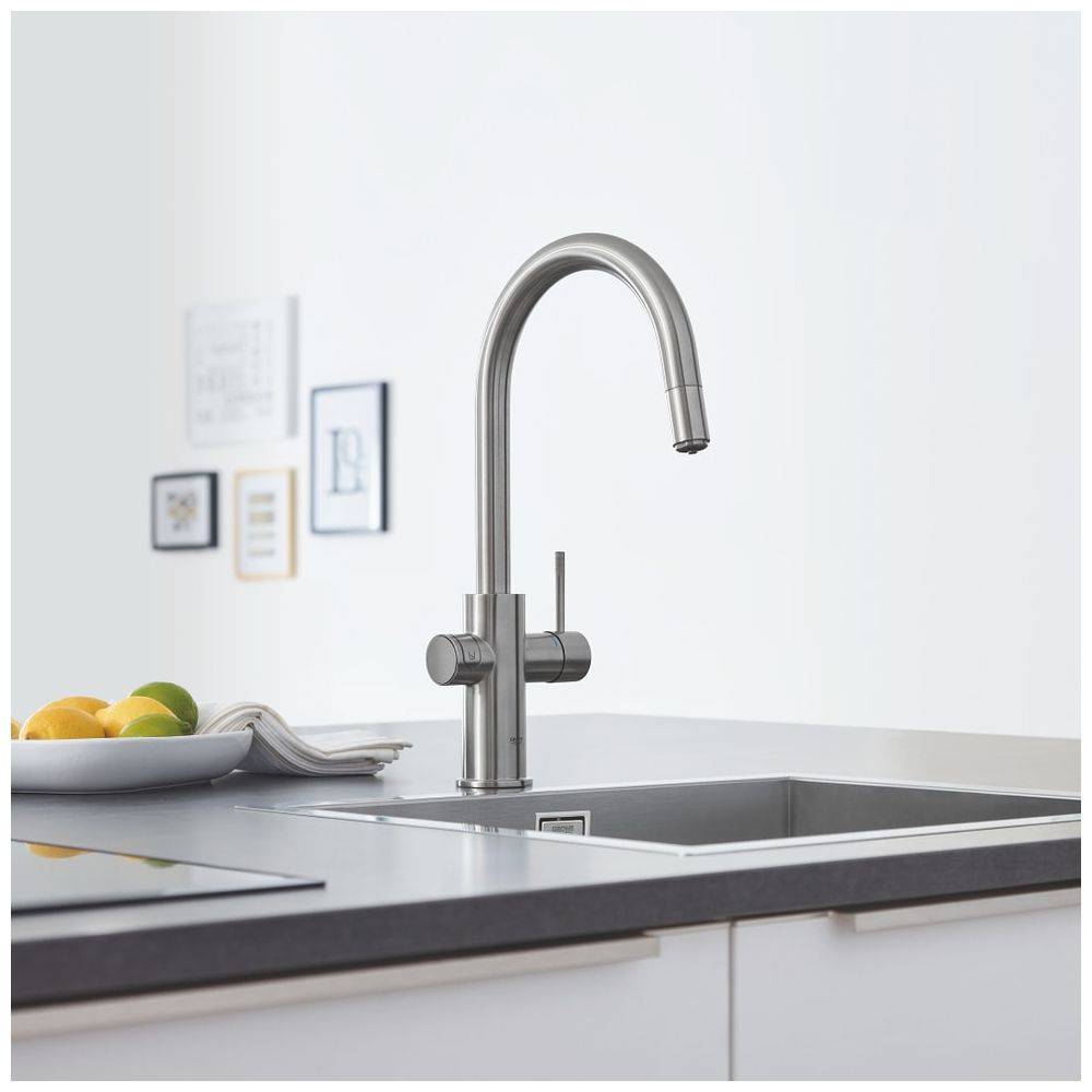Grohe Blue Home Starterset, C-Auslauf, herausziehbarer Mousseurauslauf, 1-Loch-Montage, Supersteel, 31541DC0-2