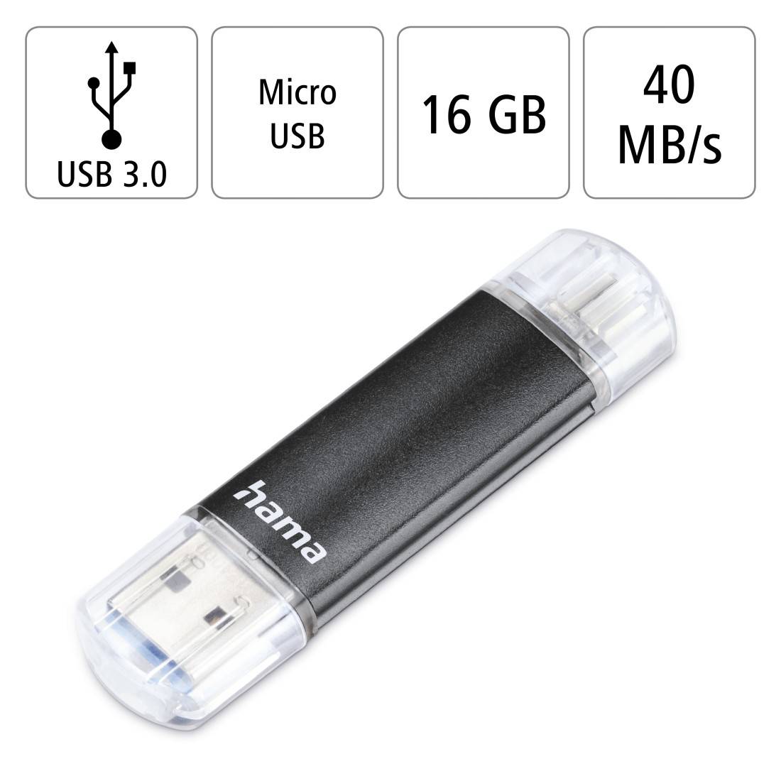 hama 00123998 USB-Stick "Laeta Twin", USB 3.2 Gen 1/USB 2.0, 16 GB, 40MB/s, Schwarz-2