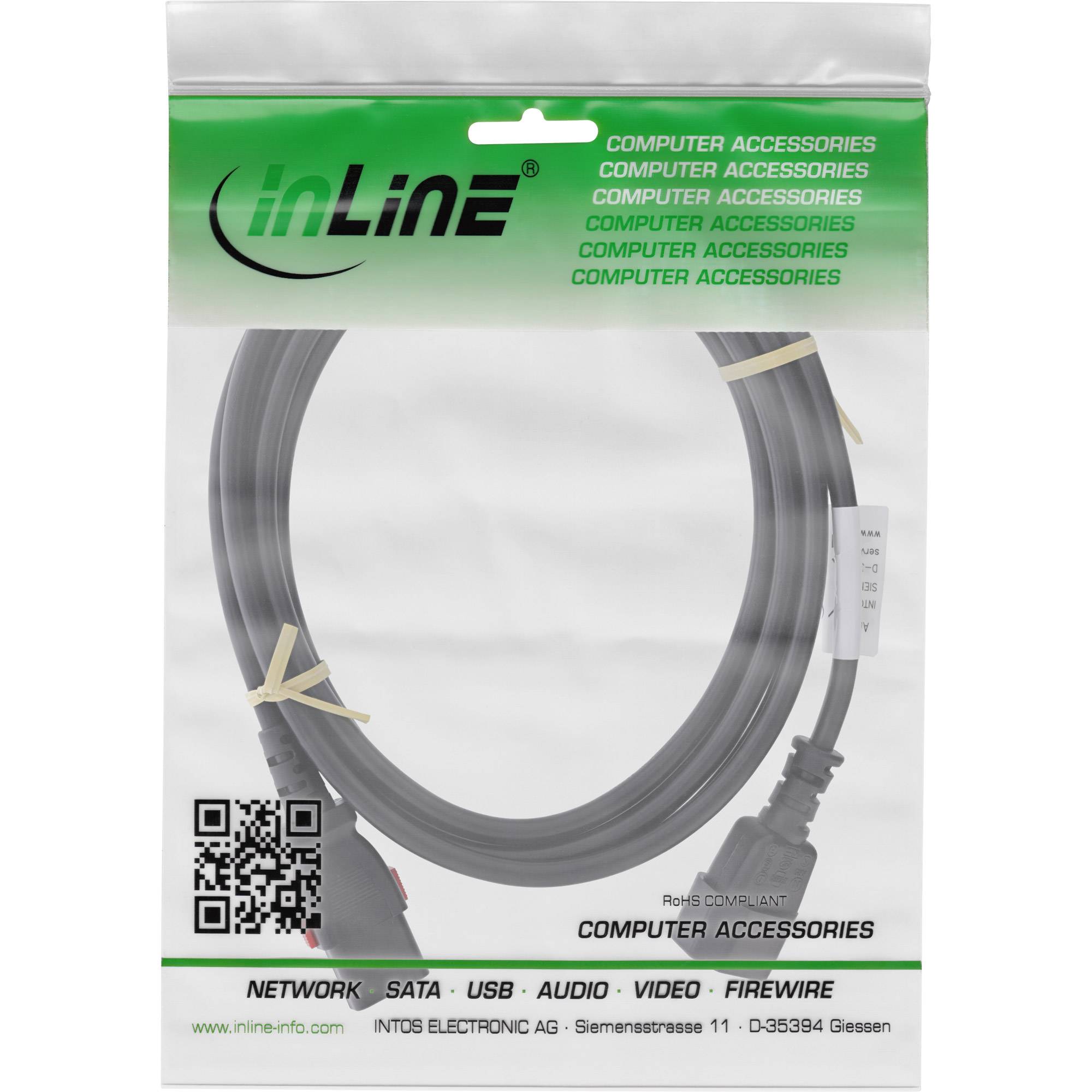 InLine® Kaltgeräteverlängerung, C13 verriegelbar auf C14, schwarz, 1m-1