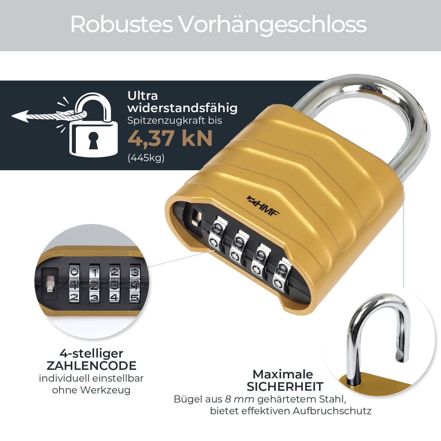 HMF Zahlenschloss Vorhängeschloss mit 4-stelligem Zahlencode aus Aluminiumlegierung, 5,6 x 2,6 x 8,7 cm, Gold-1