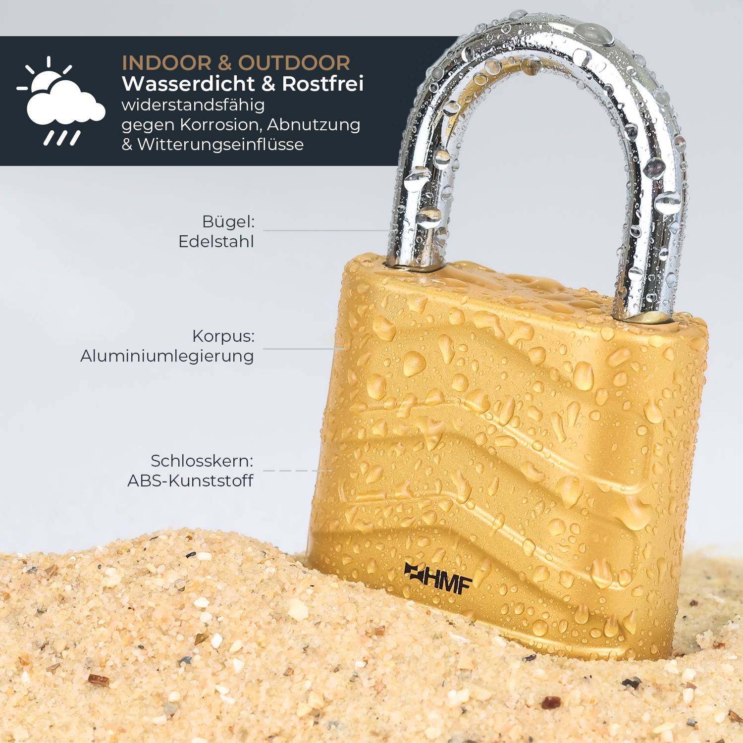 HMF Zahlenschloss Vorhängeschloss mit 4-stelligem Zahlencode aus Aluminiumlegierung, 5,6 x 2,6 x 8,7 cm, Gold-2