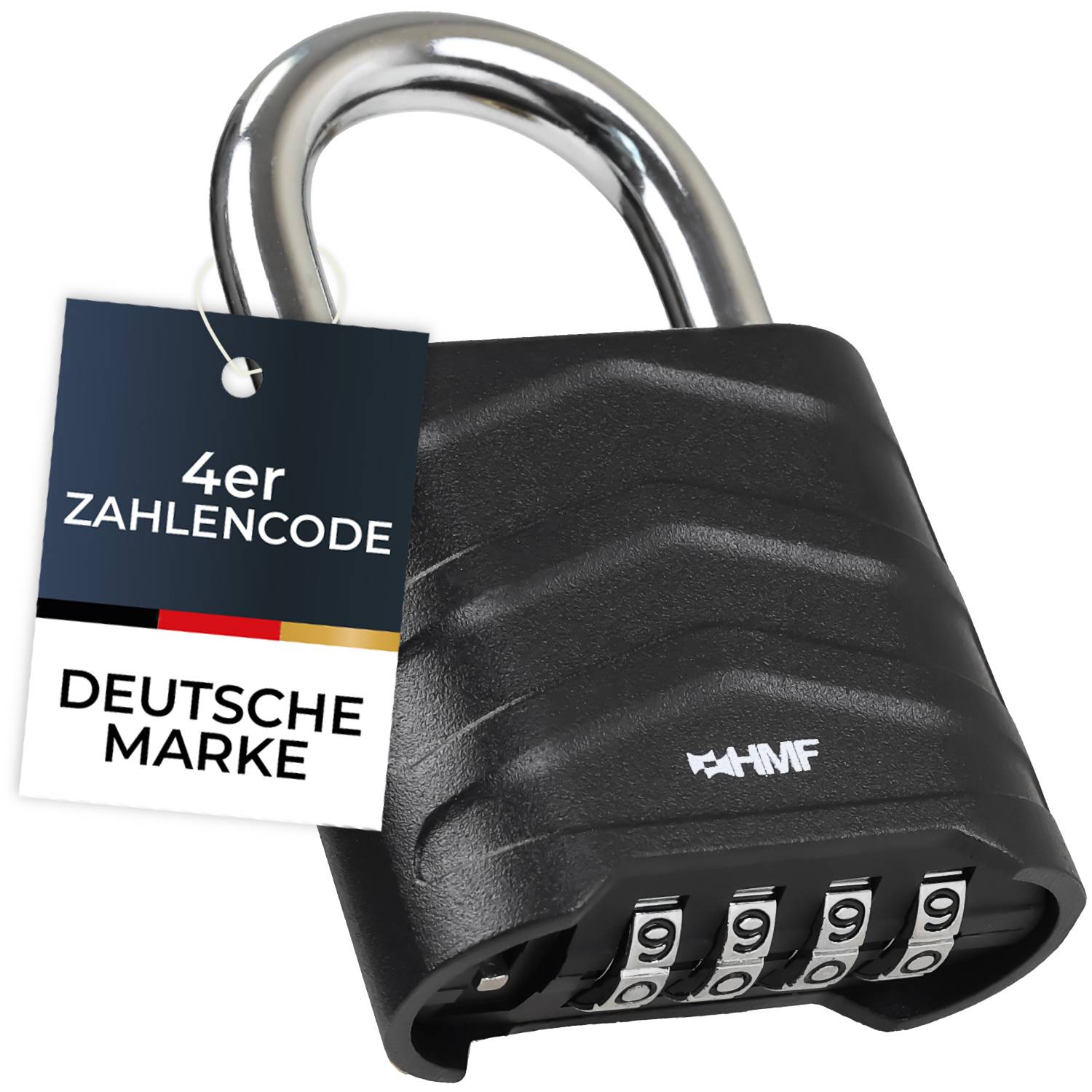 HMF Zahlenschloss Vorhängeschloss mit 4-stelligem Zahlencode aus Aluminiumlegierung, 5,6 x 2,6 x 8,7 cm, Schwarz
