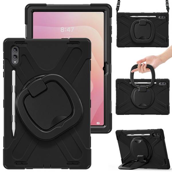 Für Samsung Galaxy Tab S11 Ultra Hybrid Hülle Halter & Gurt Schwarz
