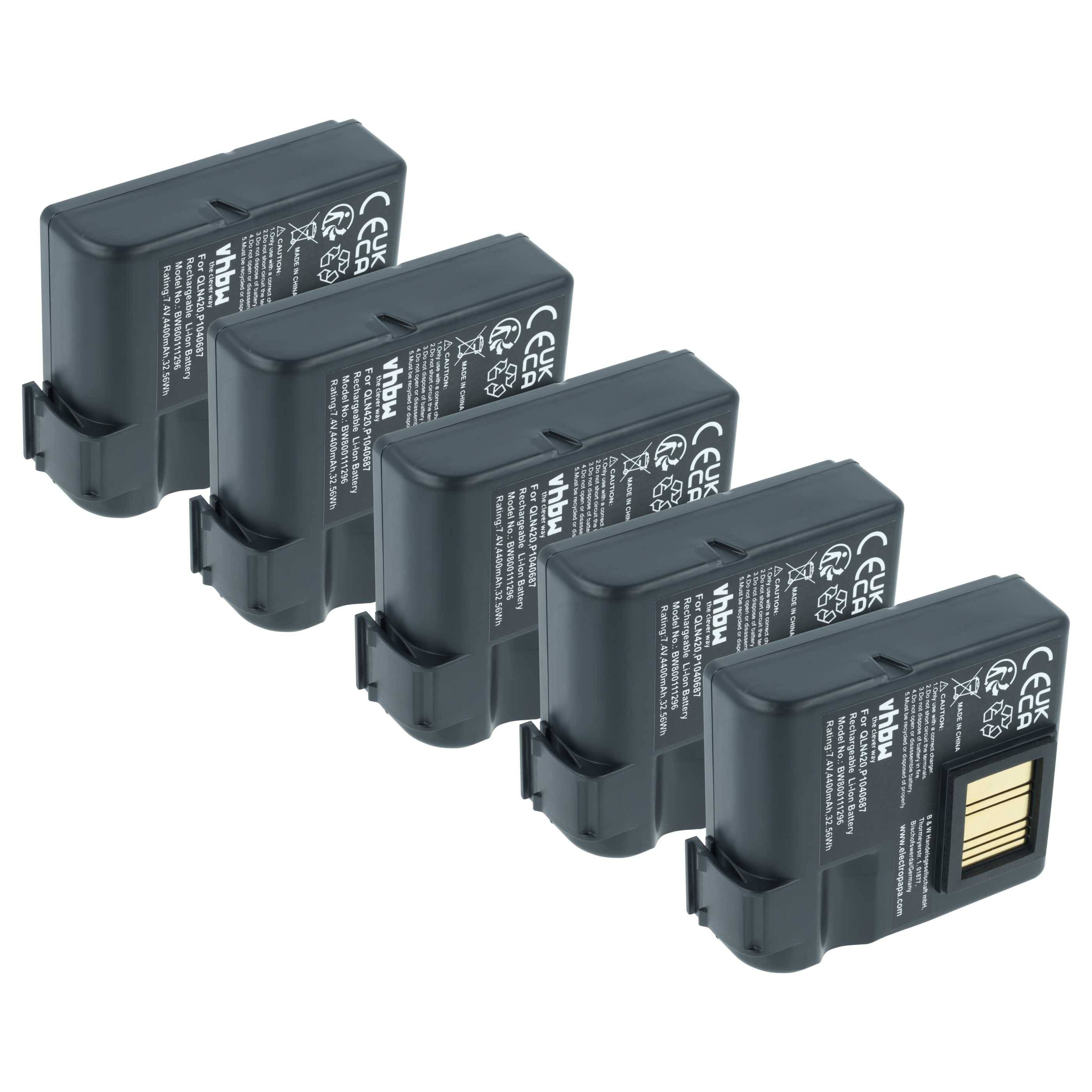 vhbw 5x Akku kompatibel mit Zebra QLN420 | ZQ630 Drucker Kopierer Scanner Etiketten-Drucker (4400 mAh, 7,4 V, Li-Ion)-0