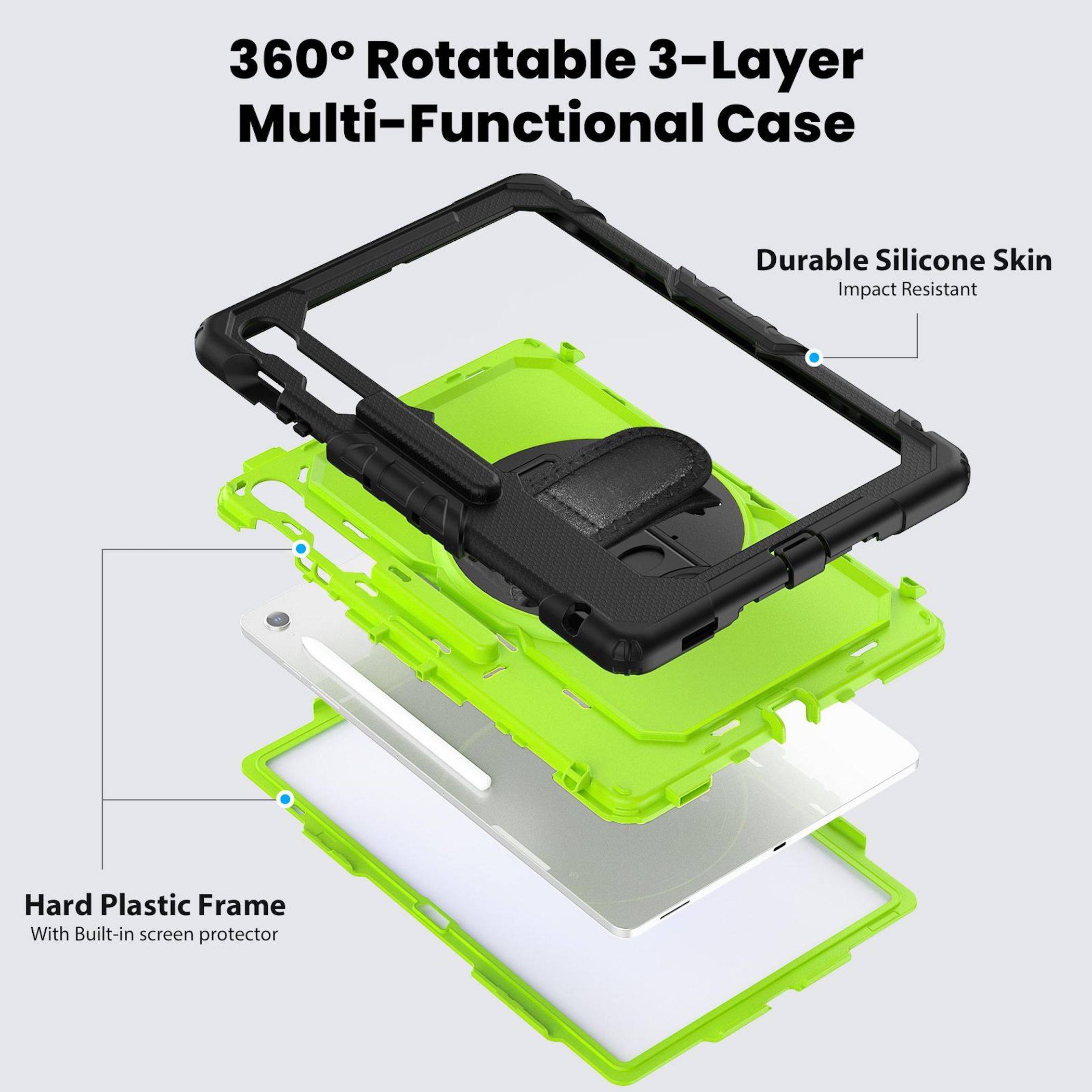 Für Samsung Galaxy Tab S10 FE Plus Hülle Halter & Schultergurt Grün-3