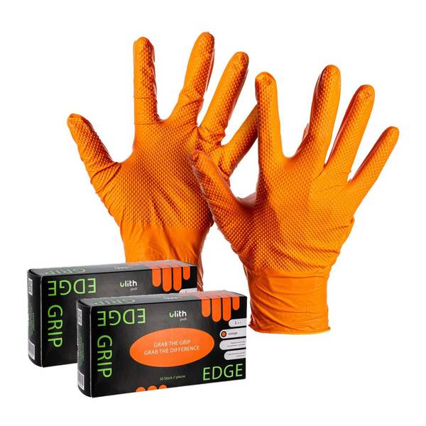 100x Edge Grip Nitril Einweghandschuhe Größe L orange Diamantstruktur puderfrei NBR Arbeitshandschuhe Werkstatt