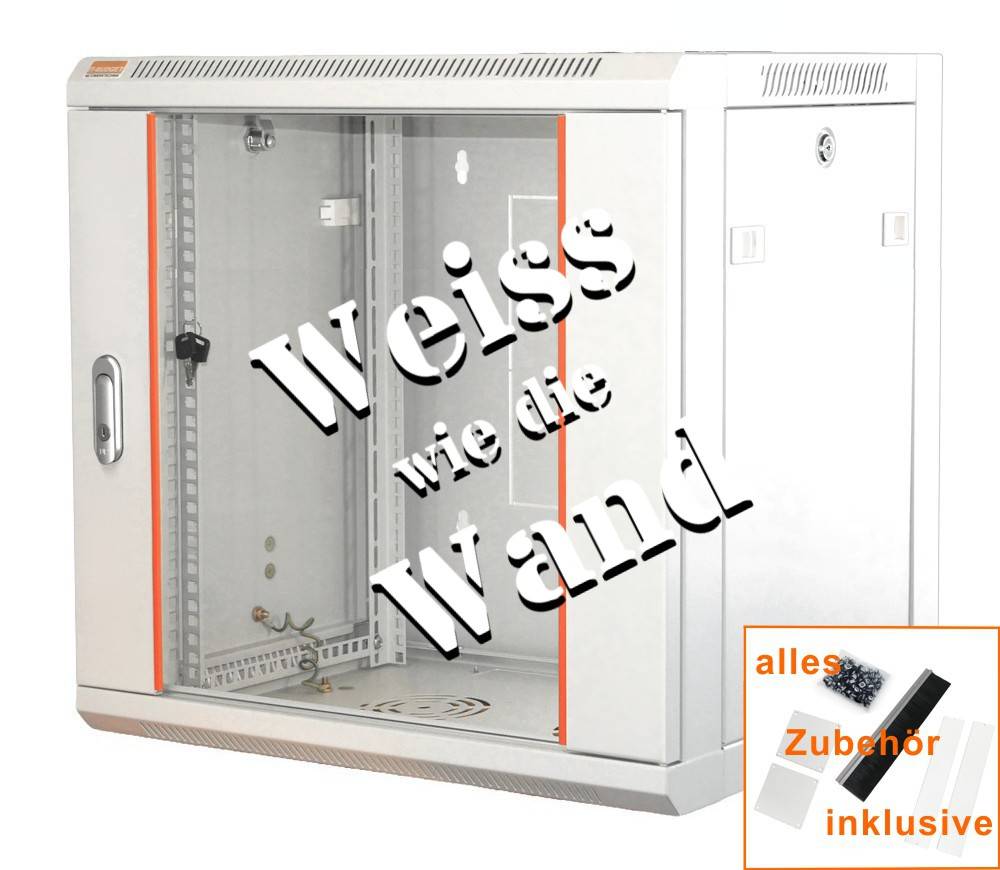 19 Zoll Netzwerkschrank 15 HE BxT 570x600 mm Sichttür Seiten abnehmbar Wand + Standmontage umfangreiches Zubehör-Set