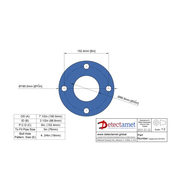 Detektierbare Silikondichtungen 5er-Pack-AS 3: Außendurchmesser 7,5", Innendurchmesser 3,5", 4