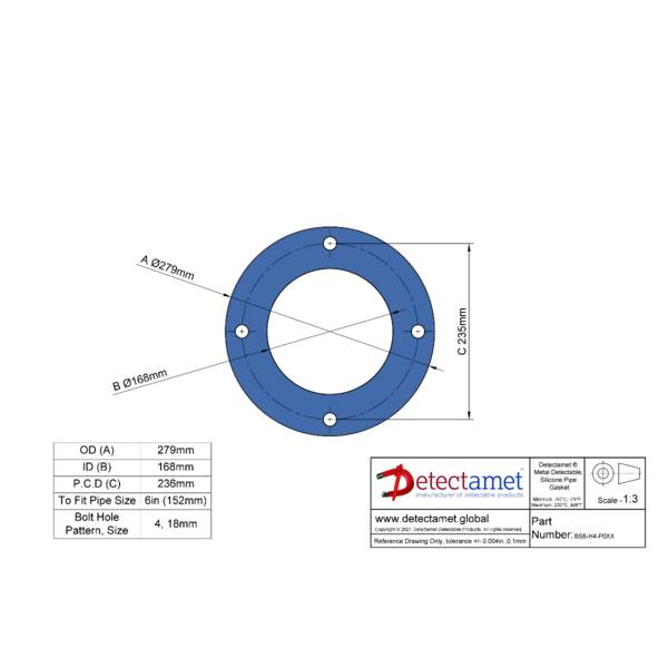 Detektierbare Silikondichtungen 5er-Pack -BS 6: Außendurchmesser 279mm, Innendurchmesser 168mm, 8