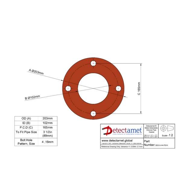 Detektierbare Silikondichtungen 5er-Pack -BS 3.5: Außendurchmesser 203mm, Innendurchmesser 102mm,