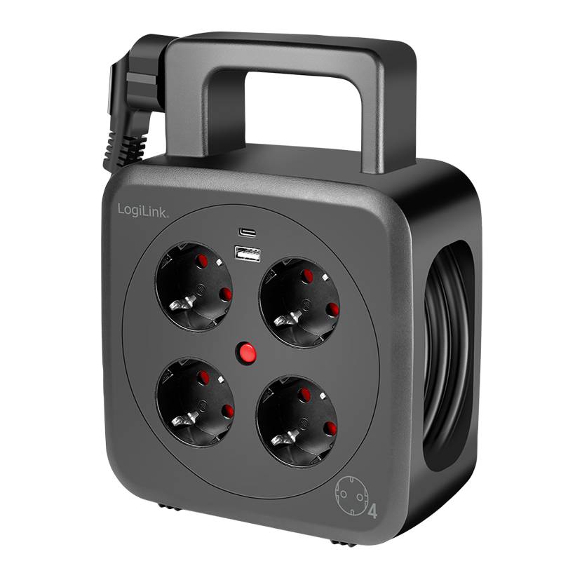 LogiLink Power Cable Reel 4 sockets w/USB-A & USB-C 20W IP20 Kabel Digital/Daten 5 m-5