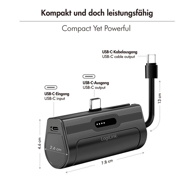 Logilink Mobile Power Bank, LiPo, 4.500 mAh, built-in USB-C plug, black Energie & USV Powerbanks-3