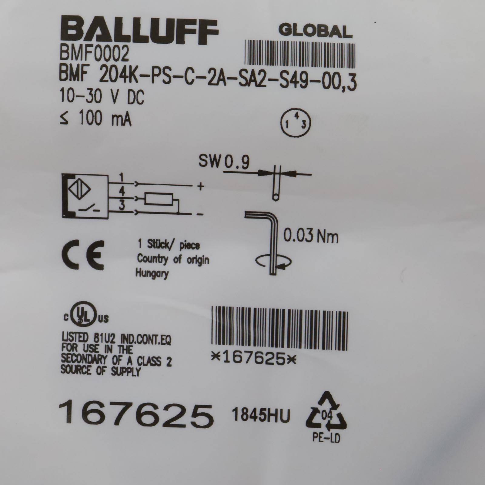 Balluff Magnetfeldsensor BMF0002 BMF 204K-PS-C-2A-SA2-S49-00,3 OVP-1