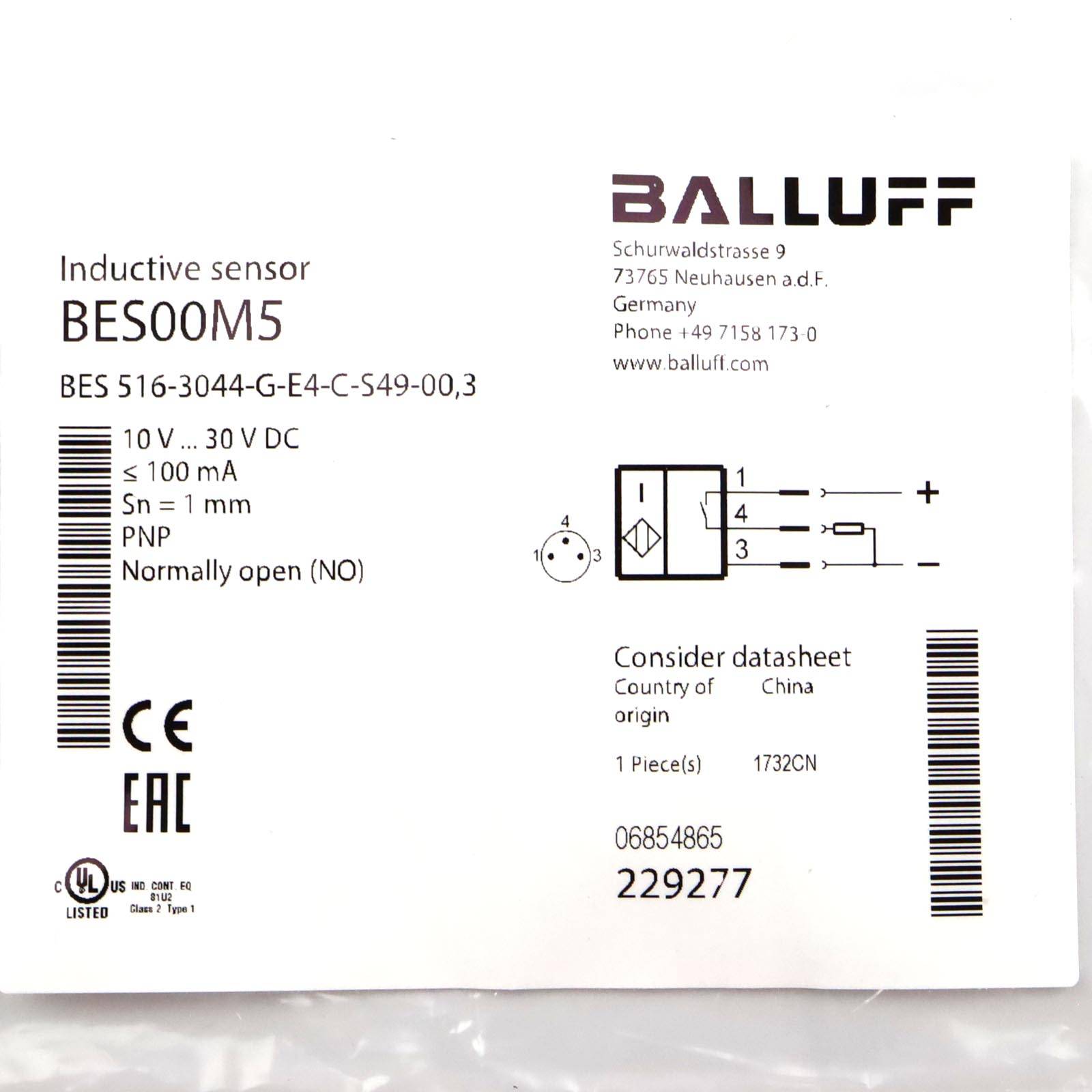 Balluff induktiver Sensor BES00M5 BES 516-3044-G-E4-C-S49-00,3 OVP-1