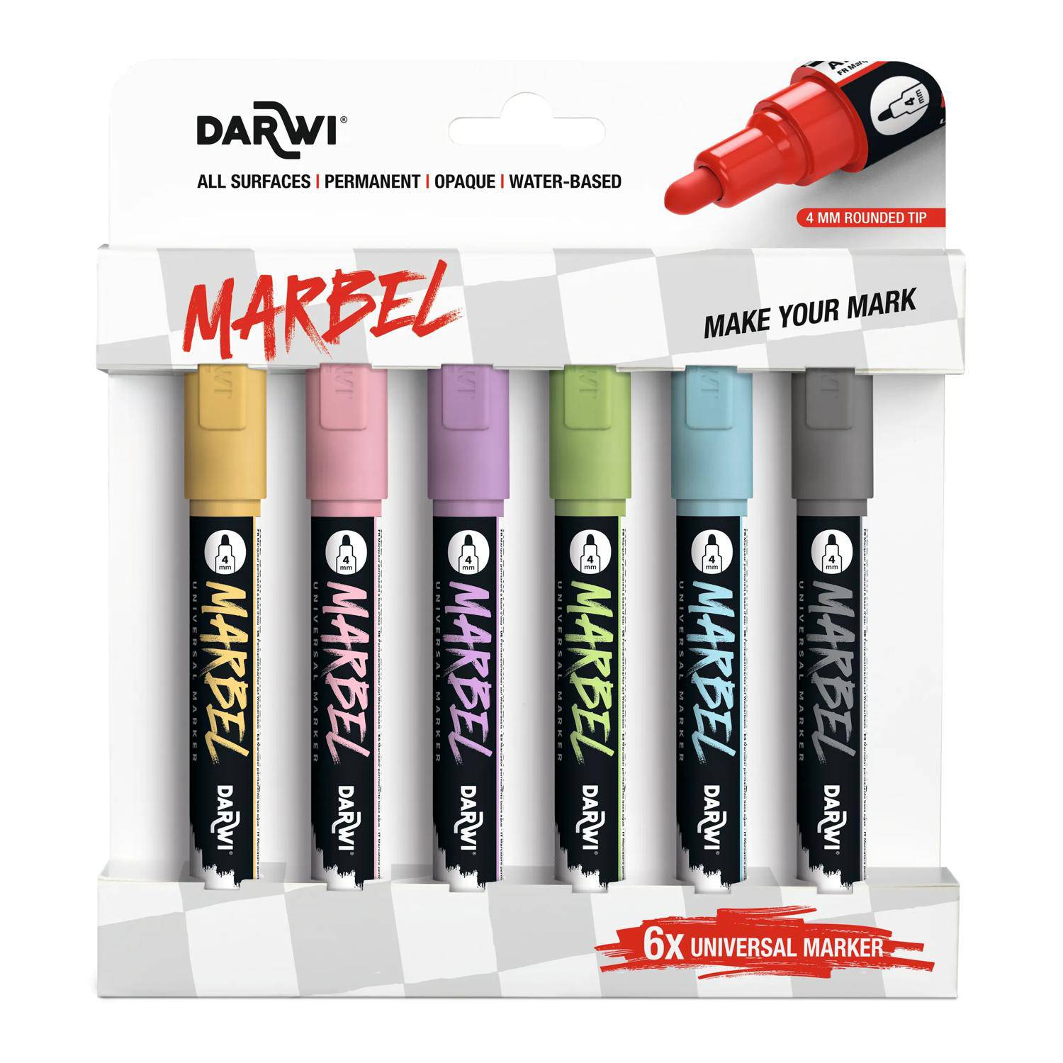 Darwi Set 6 Universalmarkern Acrylfarben, Rund 4mm, Pastellfarben DA0226004K02C-0