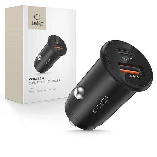 Tech-Protect CC02 35W Kfz-Ladegerät mit 2 USB-C- und USB-A-Anschlüssen – Schwarz