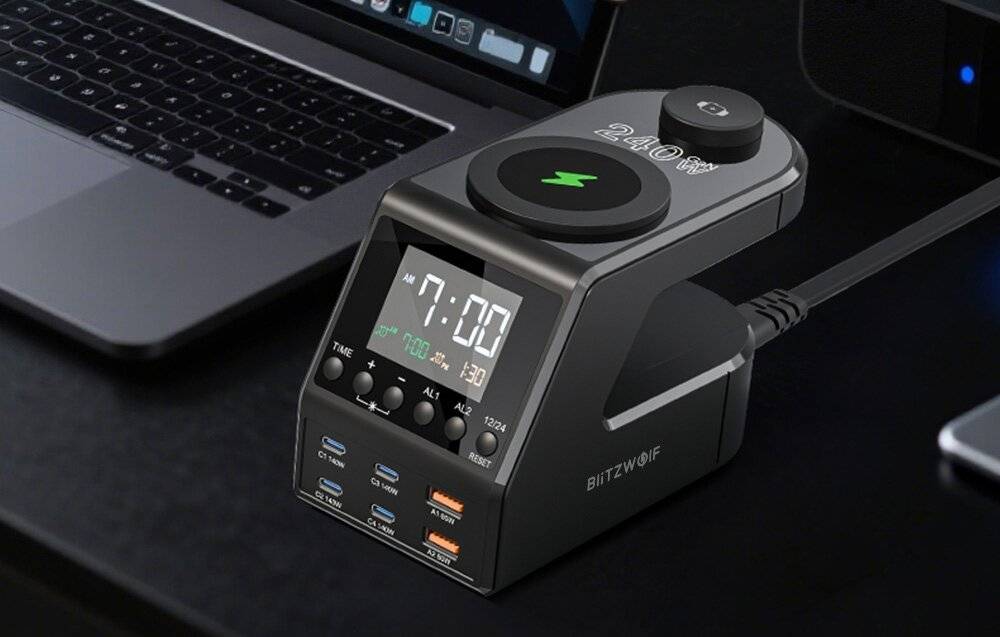 Blitzwolf BW-FW10 Wecker mit Ladegerät 2xUSB-A, 4xUSB-C, 240 W-2