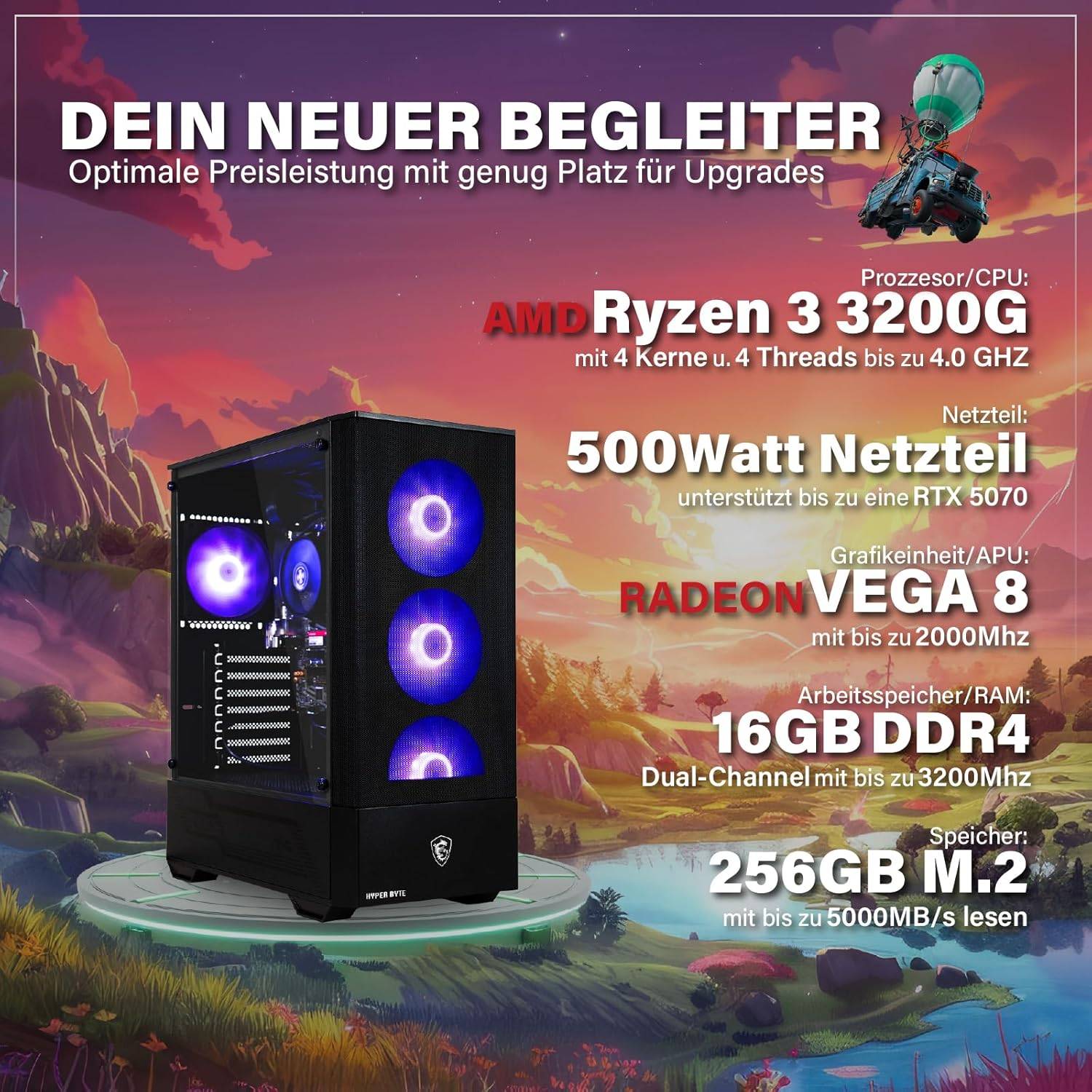 Hyper Byte Essential | Gaming PC / Computer | AMD Ryzen 3 3200G | Vega 8 | 16GB RAM | 256GB SSD | WLAN | Win 11 Pro-1