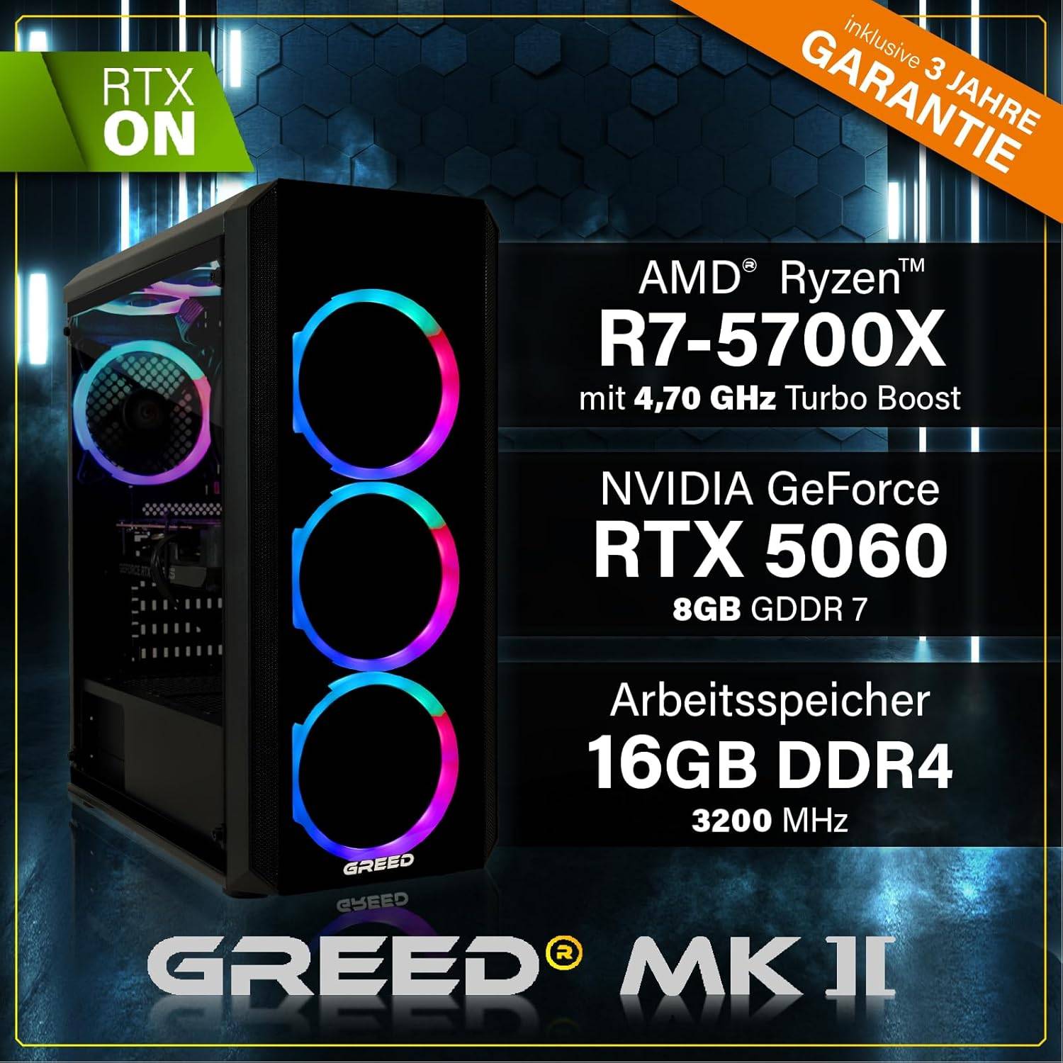Greed MK2 AMD | Gaming PC / Computer | Ryzen 7 5700X | RTX 5060 | 4.6 GHz | 16GB RAM | 1TB SSD | WLAN | Win11 Pro-1