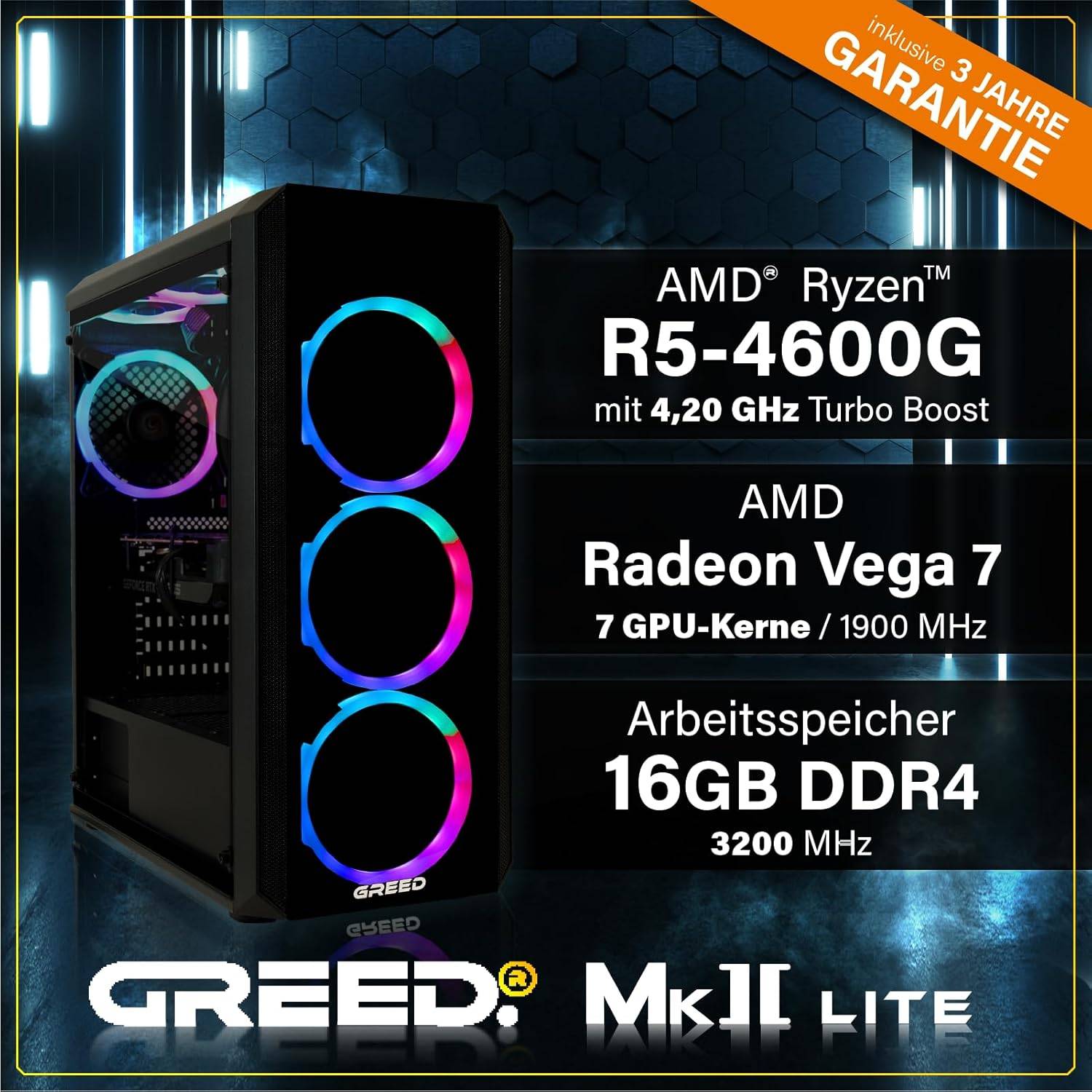 Greed MK2 AMD Lite | Gaming PC / Computer | Ryzen 7 5700X | Vega 7 | 4.6 GHz | 16GB RAM | 512GB SSD | WLAN | Win 11 Pro-1