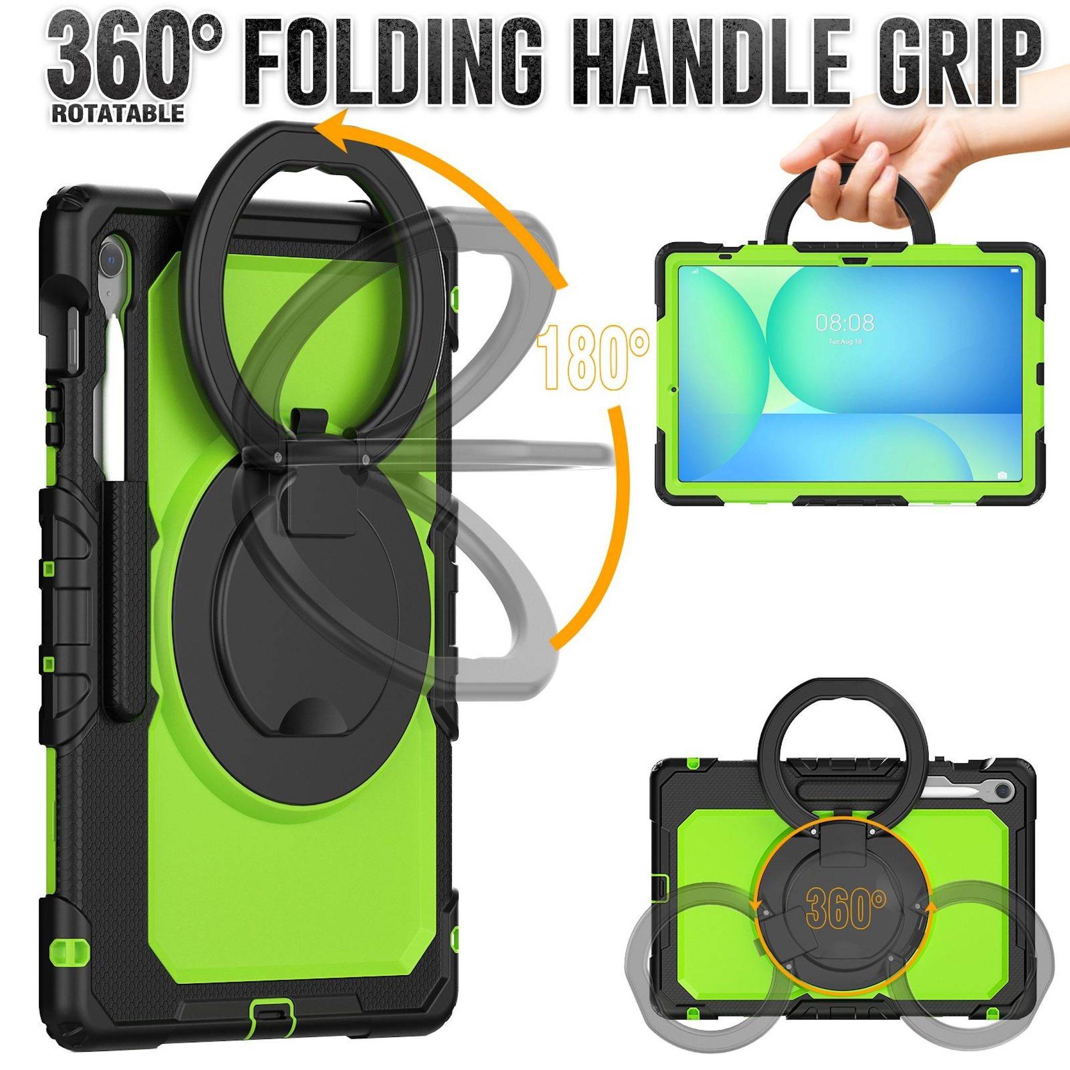Für Samsung Galaxy Tab S10 FE Plus Griff & Schultergurt Hülle Grün-2