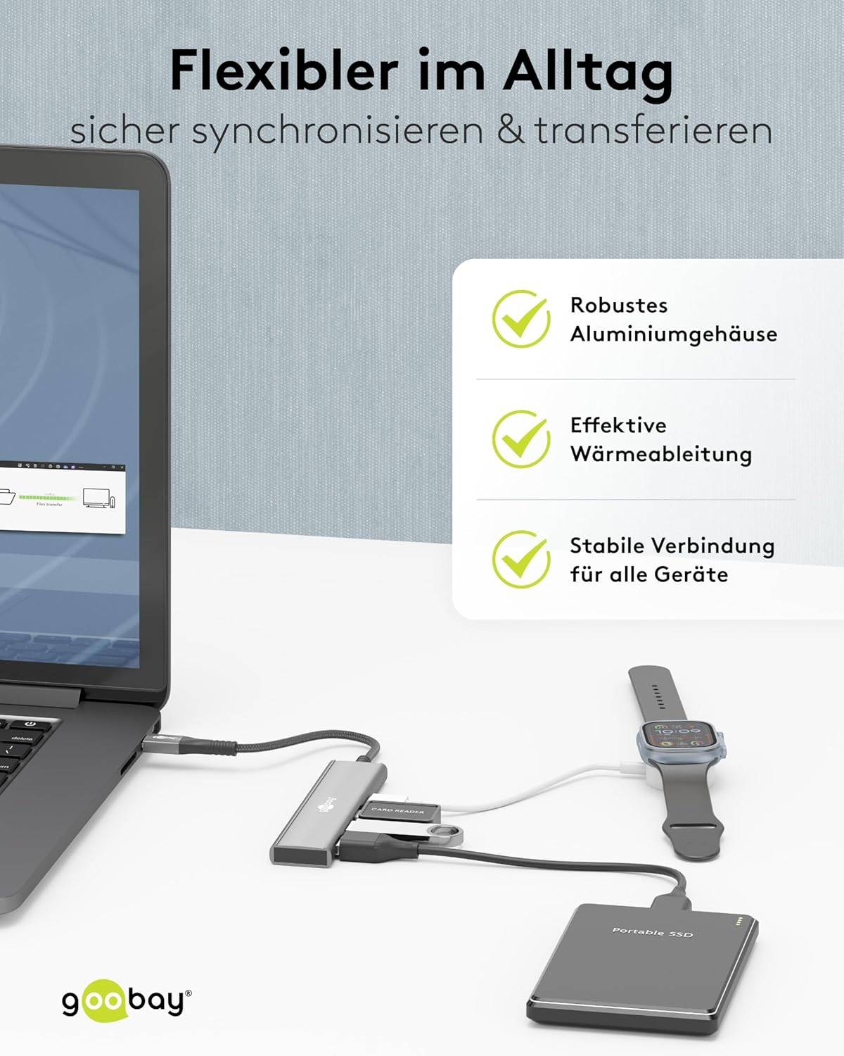 Goobay 76562 USB-C Adapter Multiport Slim USB-C Hub auf 1x USB-C 3.2 & 3x USB-A Hub 4 Ports 5Gbit/s, Aluminium-5