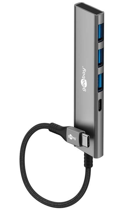 Goobay 76562 USB-C Adapter Multiport Slim USB-C Hub auf 1x USB-C 3.2 & 3x USB-A Hub 4 Ports 5Gbit/s, Aluminium
