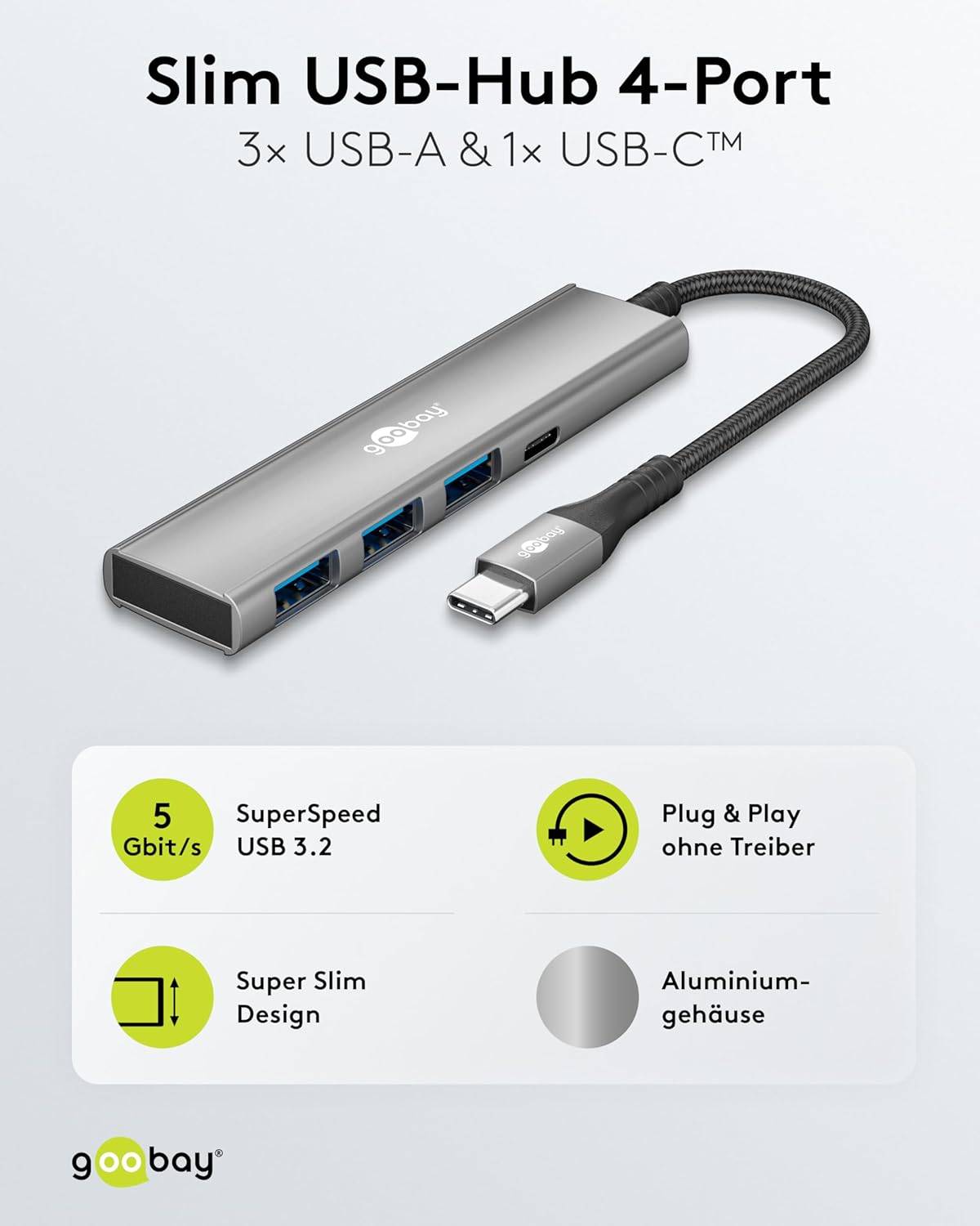 Goobay 76562 USB-C Adapter Multiport Slim USB-C Hub auf 1x USB-C 3.2 & 3x USB-A Hub 4 Ports 5Gbit/s, Aluminium-1