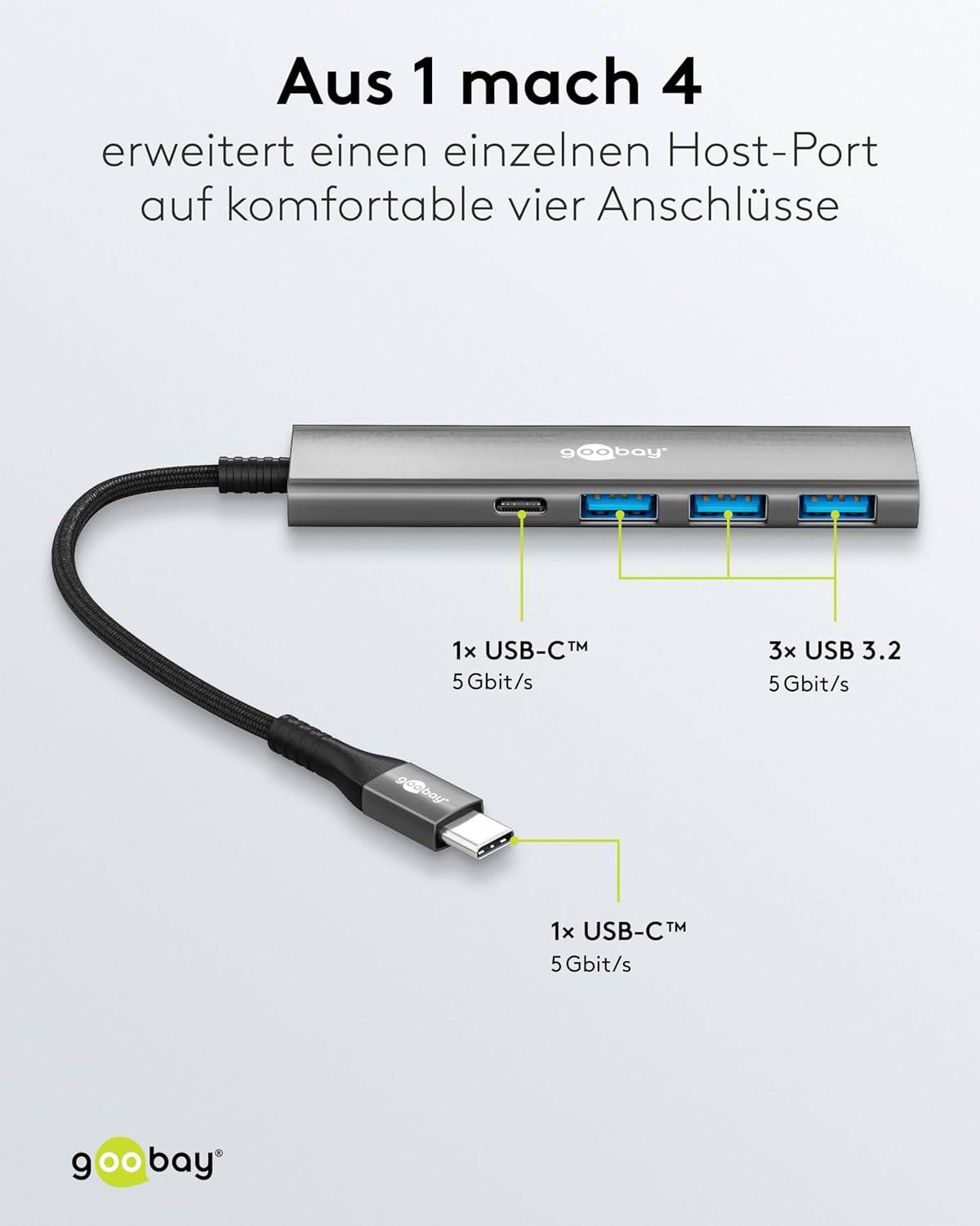 Goobay 76562 USB-C Adapter Multiport Slim USB-C Hub auf 1x USB-C 3.2 & 3x USB-A Hub 4 Ports 5Gbit/s, Aluminium-2