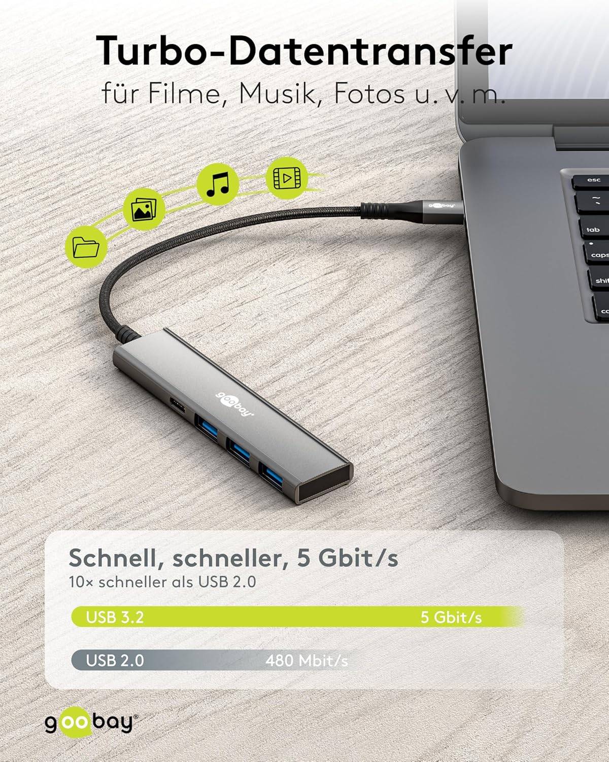 Goobay 76562 USB-C Adapter Multiport Slim USB-C Hub auf 1x USB-C 3.2 & 3x USB-A Hub 4 Ports 5Gbit/s, Aluminium-3