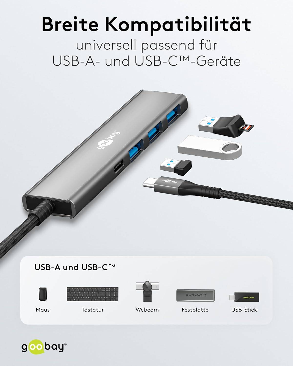 Goobay 76562 USB-C Adapter Multiport Slim USB-C Hub auf 1x USB-C 3.2 & 3x USB-A Hub 4 Ports 5Gbit/s, Aluminium-4