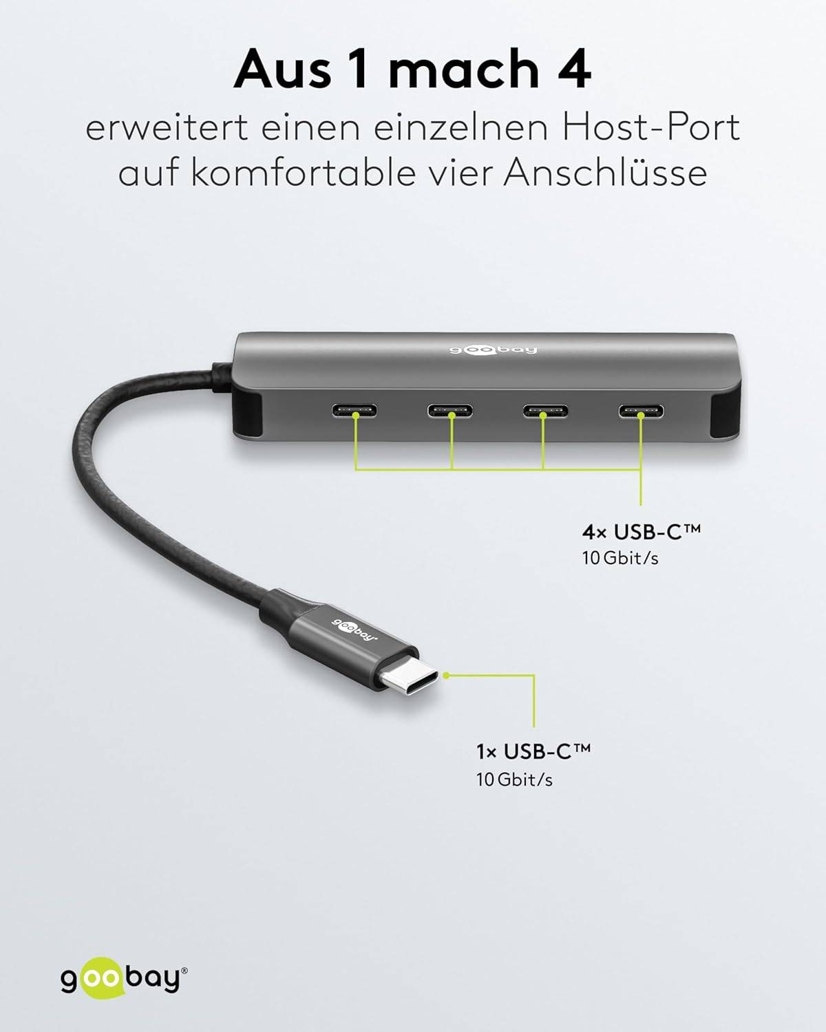 Goobay 76565 USB-C Adapter Multiport Slim USB-C Hub auf 4x USB-A 3.2 Hub 4 Ports 10 Gbit/s 4, Aluminium-2