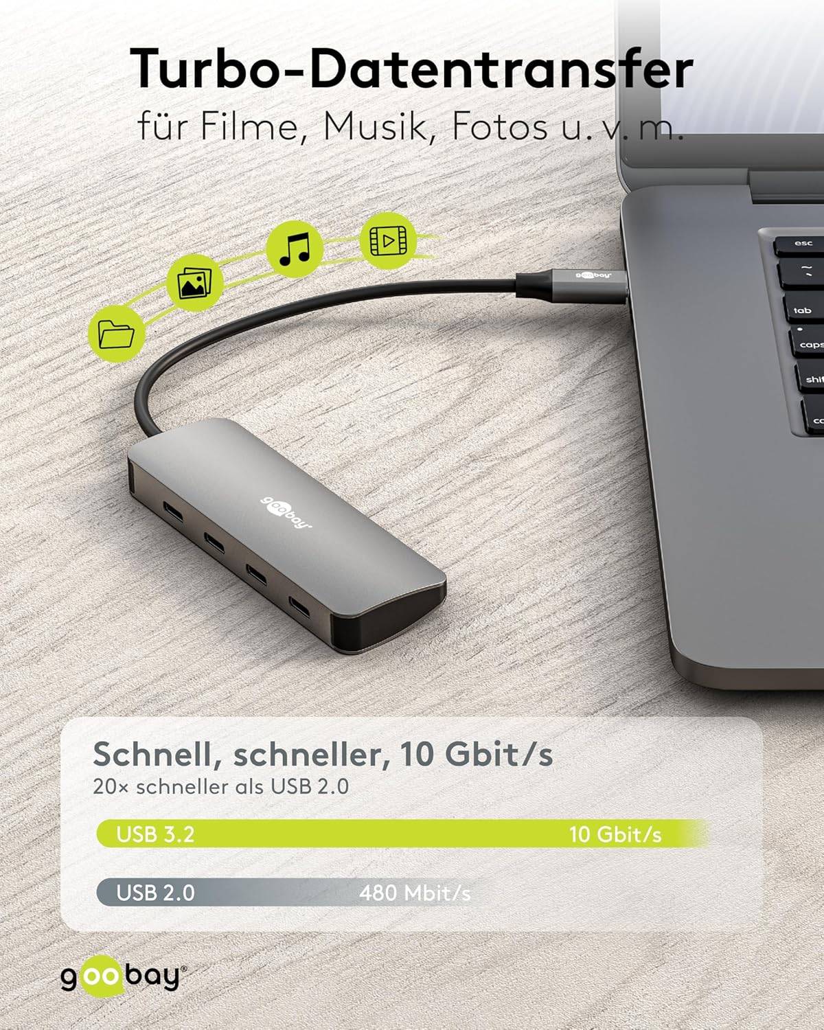 Goobay 76565 USB-C Adapter Multiport Slim USB-C Hub auf 4x USB-A 3.2 Hub 4 Ports 10 Gbit/s 4, Aluminium-3