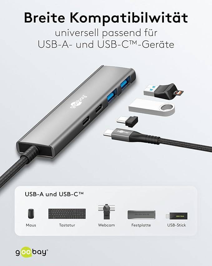 Goobay 76563 USB-C Adapter Multiport Slim USB-C Hub auf 2x USB-C 3.2 & 2x USB-A Hub 4 Ports 5Gbit/s, Aluminium-1