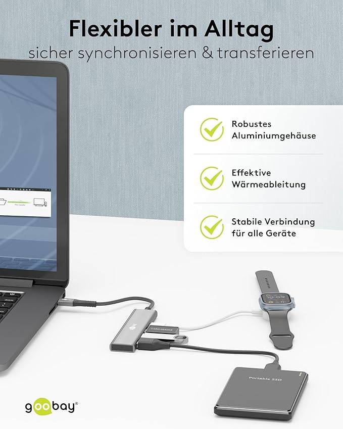 Goobay 76563 USB-C Adapter Multiport Slim USB-C Hub auf 2x USB-C 3.2 & 2x USB-A Hub 4 Ports 5Gbit/s, Aluminium-6