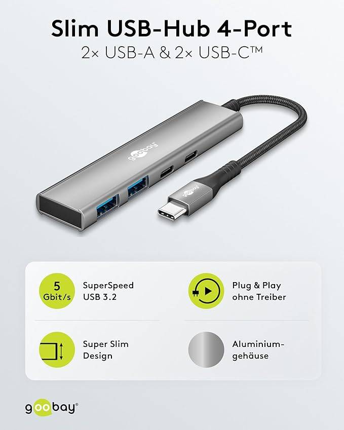Goobay 76563 USB-C Adapter Multiport Slim USB-C Hub auf 2x USB-C 3.2 & 2x USB-A Hub 4 Ports 5Gbit/s, Aluminium-2