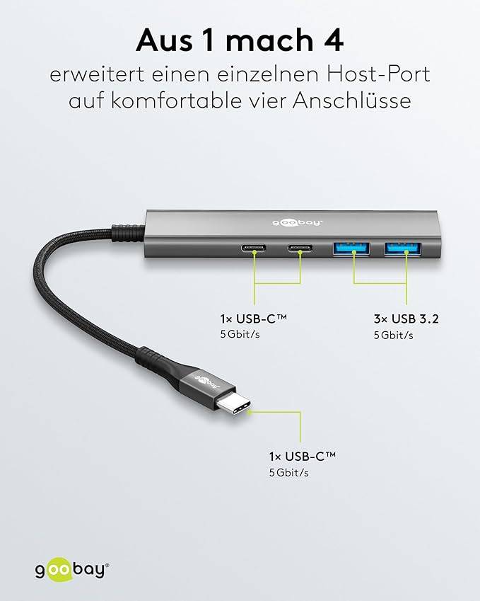 Goobay 76563 USB-C Adapter Multiport Slim USB-C Hub auf 2x USB-C 3.2 & 2x USB-A Hub 4 Ports 5Gbit/s, Aluminium-3
